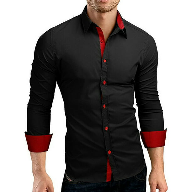 Men's Fashion Casual Slim Fit Stylish Pure Color Long Sleeve Dress Shirts Tops